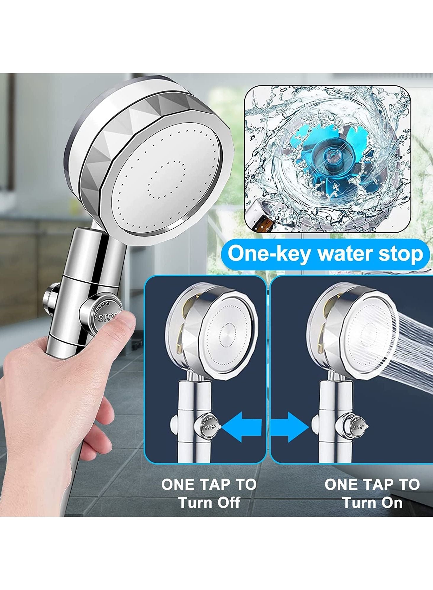 Handheld Shower Head, High Pressure Shower Heads Turbo Fan 360 Degrees Rotating, Hydro Jet Shower Head with 3 Filters Turbocharged Showerhead (Blue)