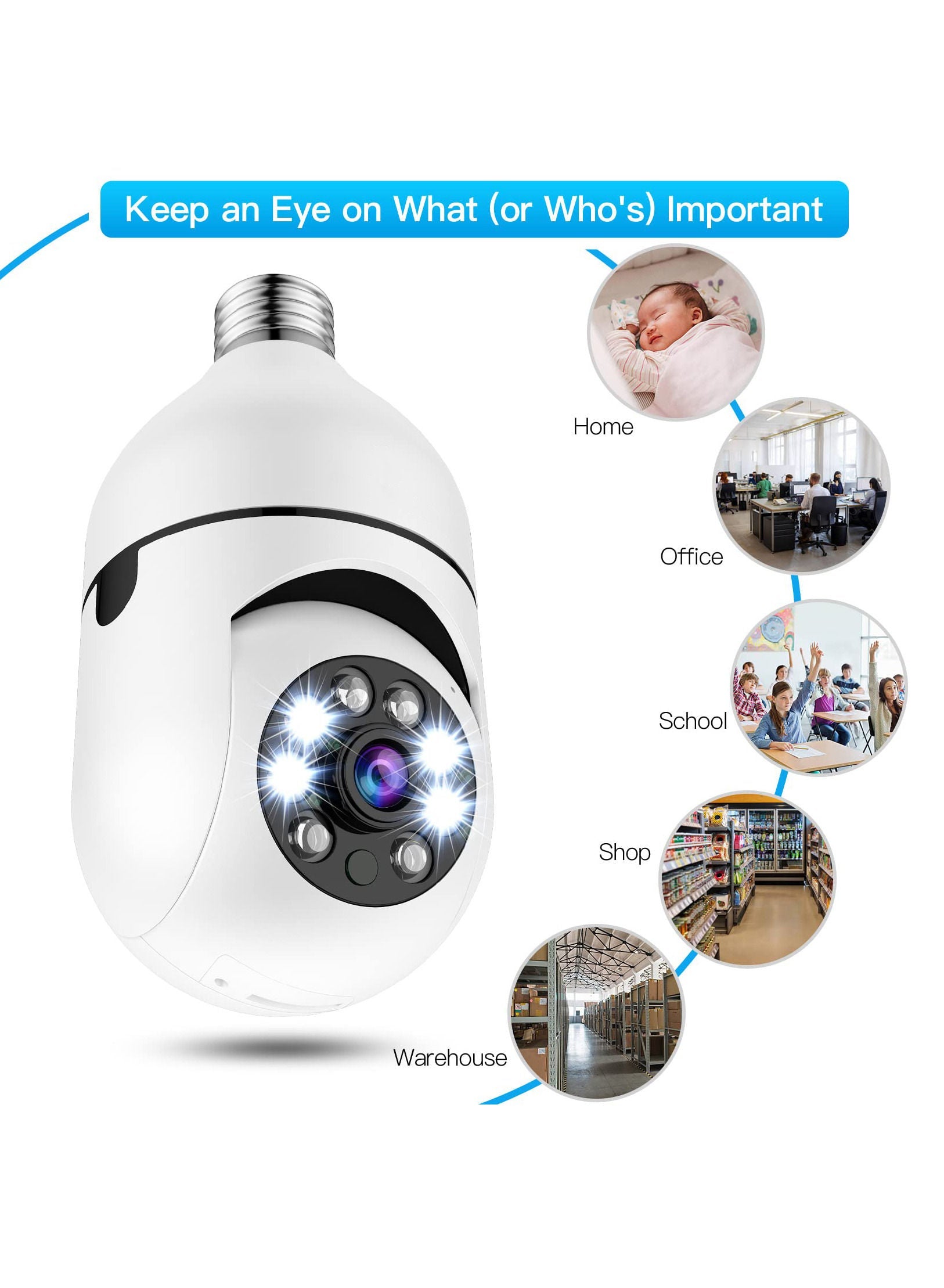 Light Bulb Security Camera 360 Degree Pan Tilt Panoramic IP Camera 2.4GHz WiFi 1080P Smart Home Surveillance Cam with Motion Detection Alarm Night Vision Two Way Talk Indoor E27