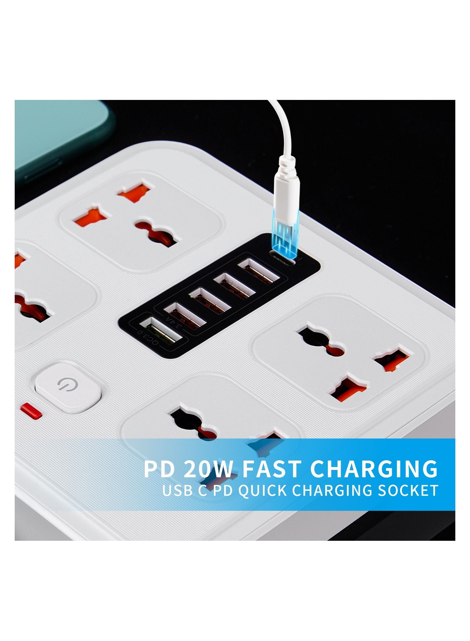 Power Socket with TYPE-C PD 20W + USB QC 3.0 Fast Charging 6 Ports, Universal Power Socket / 4-Way Power Strip / 2m Extension Cable White