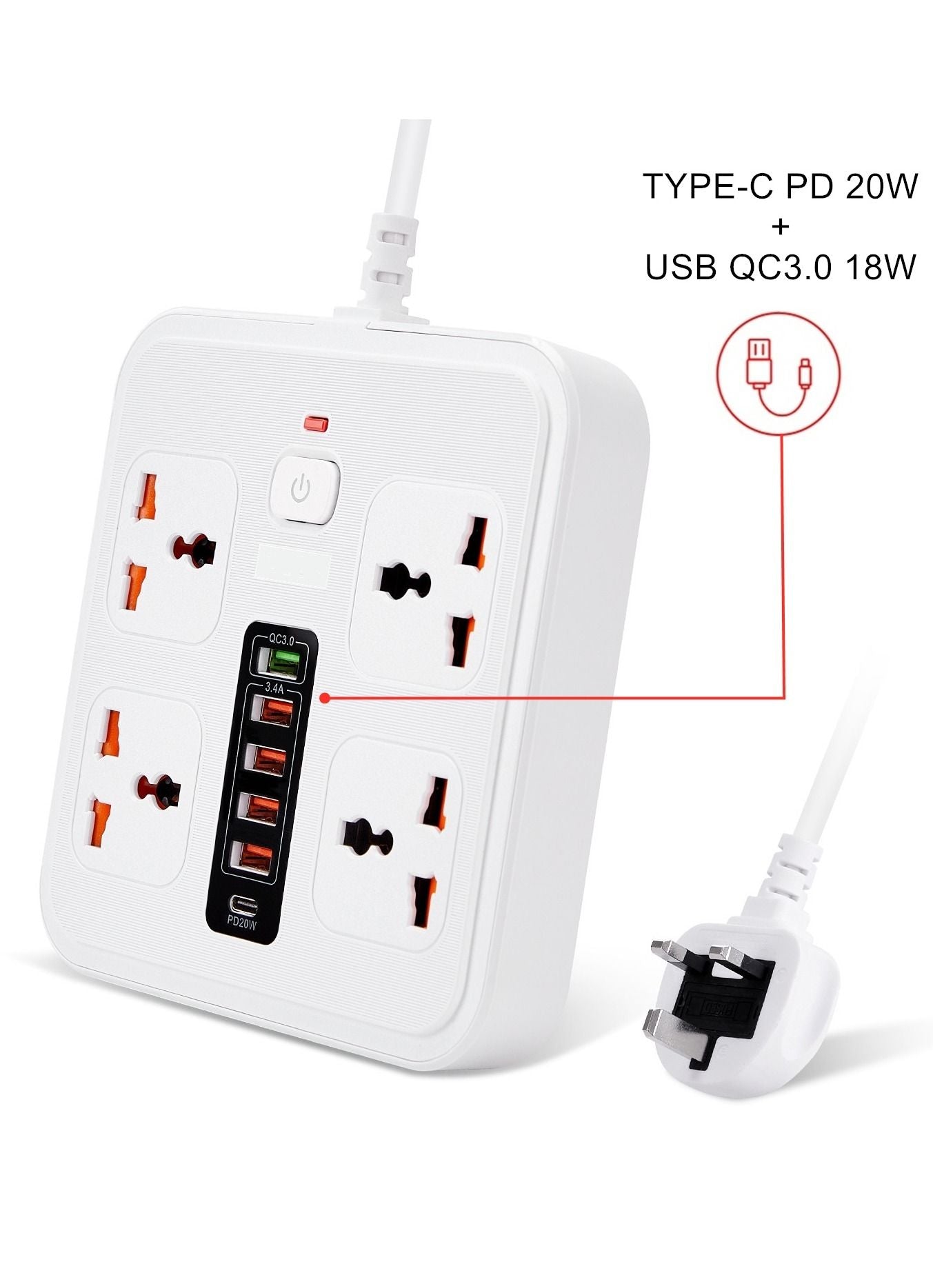 Power Socket with TYPE-C PD 20W + USB QC 3.0 Fast Charging 6 Ports, Universal Power Socket / 4-Way Power Strip / 2m Extension Cable White