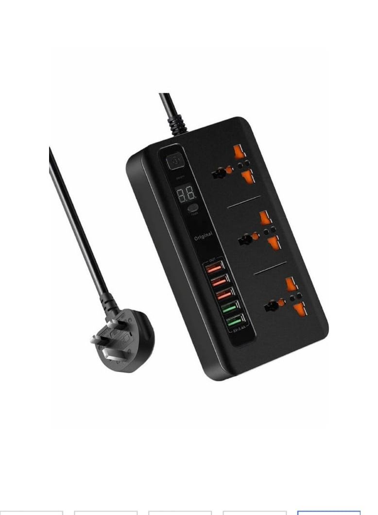Smart Timer Power Strip with 3 AC Outlets and 5 USB Ports Black