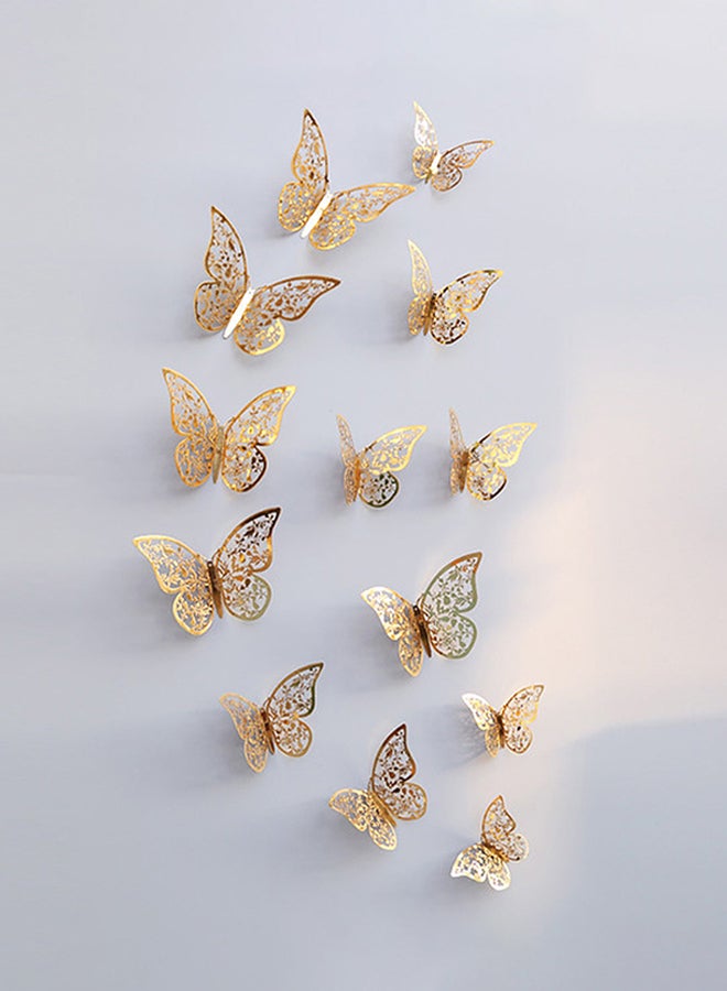 12-Piece Hollow-Out 3D Butterfly Wall Decal With Glue Gold