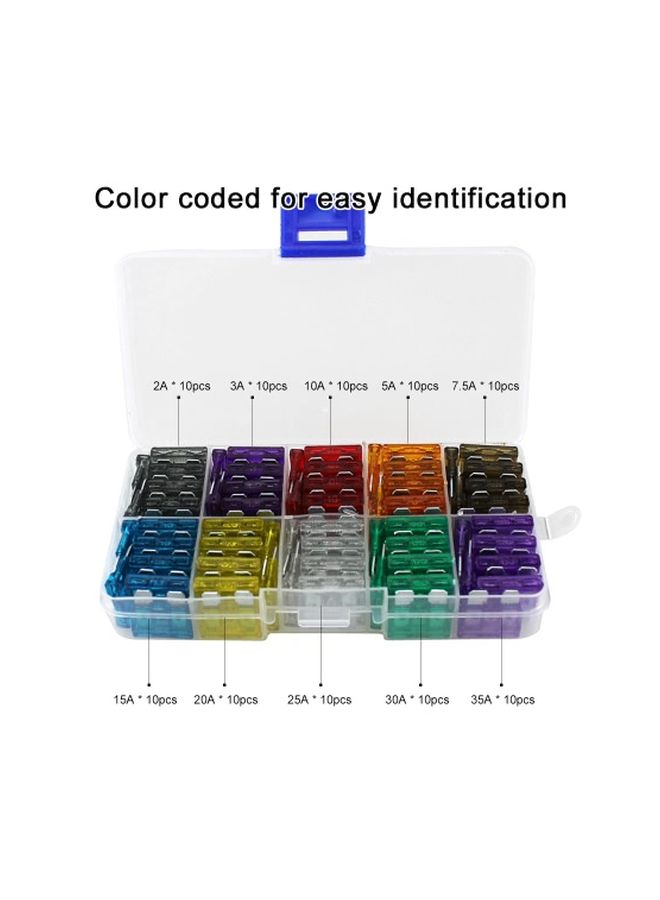 100-Piece Color Coded StAndard Blade Fuse Blue/Green/Red