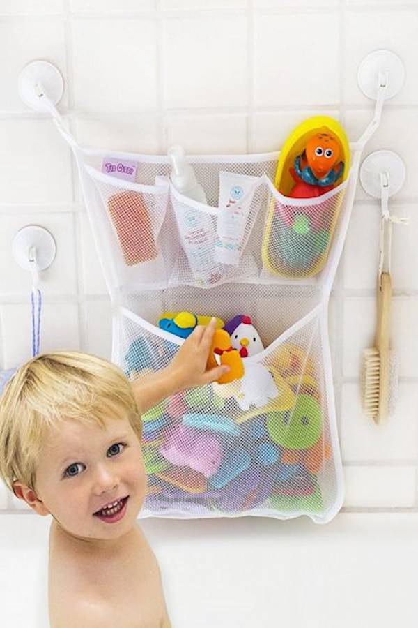 Bath Toy Organizer - Xl Baby Bath Toys Bin With 3 Extra Pockets For Soaps & Shampoos Mold Resistant Quick Dry Mesh