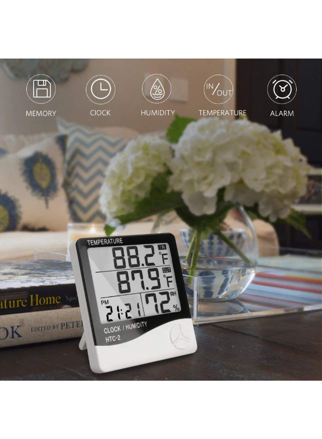 HTC-2 Digital Display Hygrometer And Thermometer With Clock Black/White 10 ¡Á  10 ¡Á  2centimeter