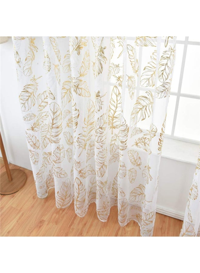Pack Of 2 Feather Printed Sheer Window Curtains White/Gold 40x79inch