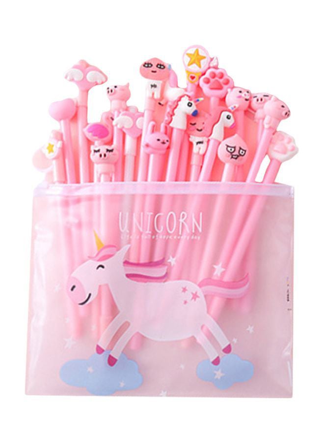 21-Piece Unicorn Patterns Pen With File Bag Set Pink/Clear