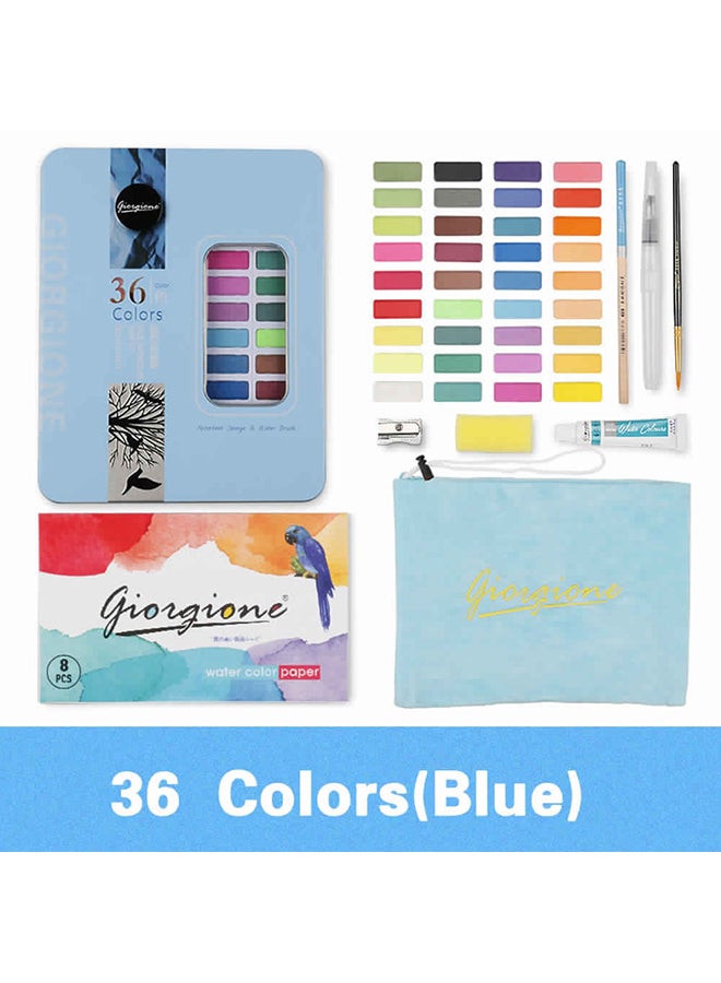 36 Colors Solid Watercolors Paints Set Pigment Drawing Painting With Water Brush Paintbrush Pencil Sponge Watercolor Paper For Artists Beginners Students Adults Blue