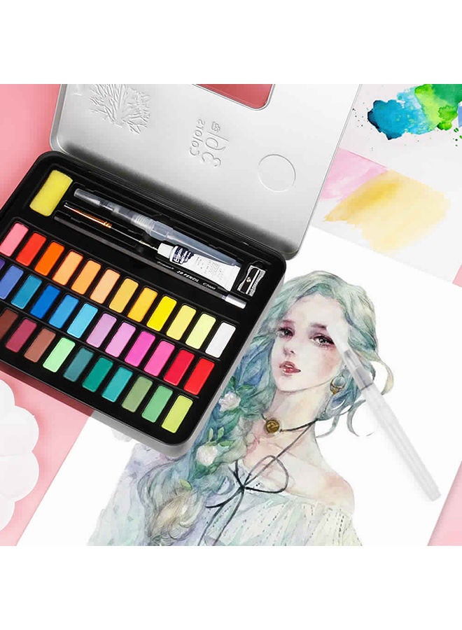 36 Colors Solid Watercolors Paints Set Pigment Drawing Painting With Water Brush Paintbrush Pencil Sponge Watercolor Paper For Artists Beginners Students Adults Black