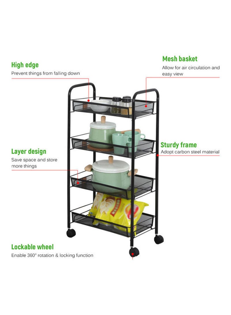 4-Tier Mesh Wire Rolling Multifunction Utility Cart Trolley With Hook Black 81*15*29cm