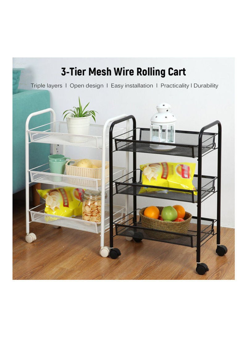 3-Tier Mesh Wire Rolling Multifunction Utility Cart Trolley With Hook White 60*14*29cm