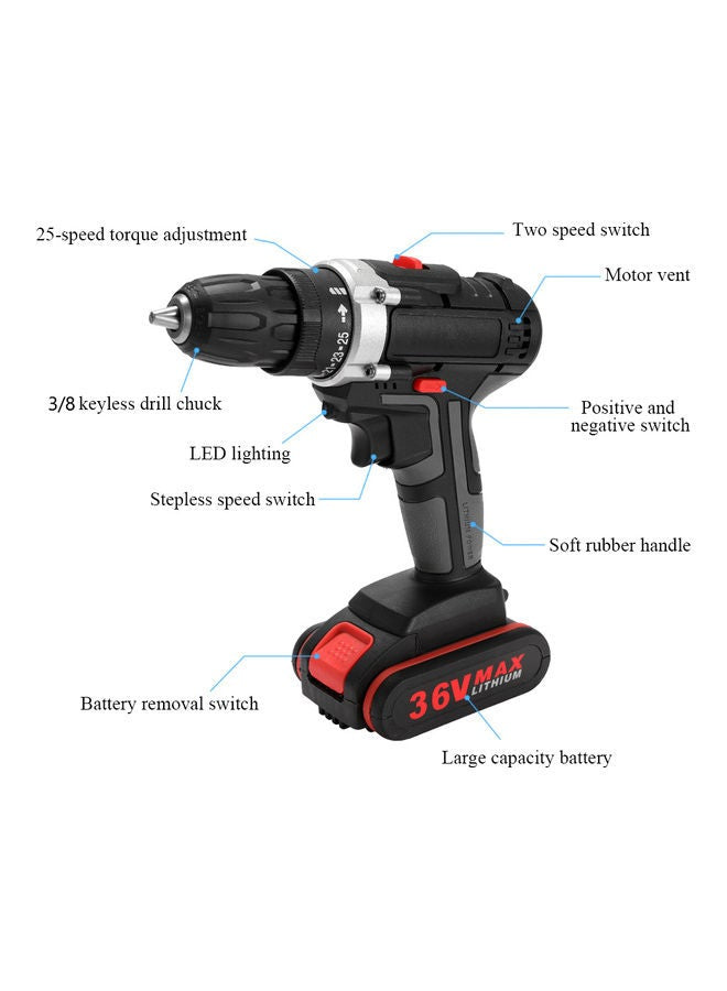 36V Electric Impact Drill With 2 Battery Red/Black