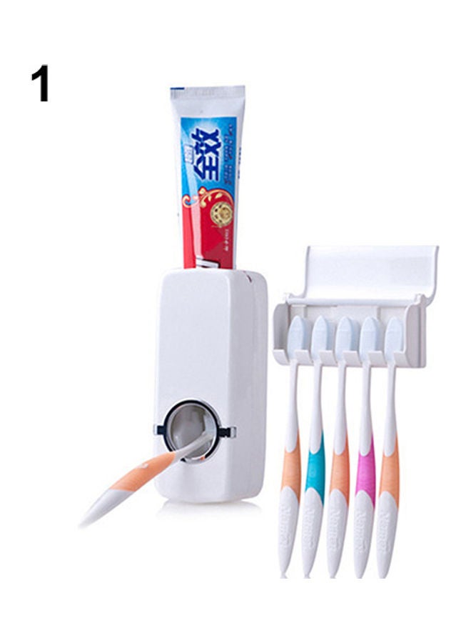 Bathroom Wall Mount Rack Automatic Toothpaste Dispenser Brush Holder White 17.45 x 11.45 x 7.9cm